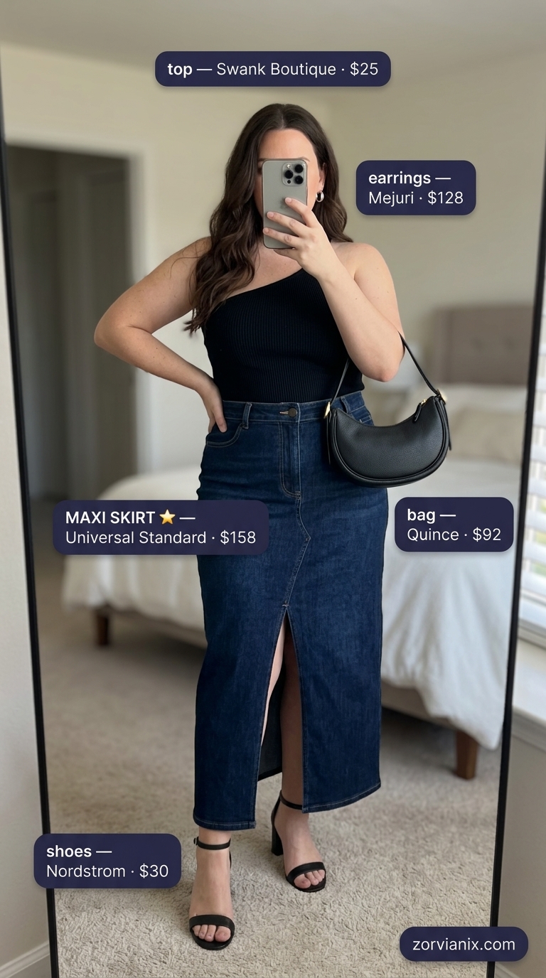 Cool city summer nights outfit: dark indigo flowy maxi skirt, black one-shoulder top, and block heel sandals. Flowy maxi skirt outfits summer 2026.