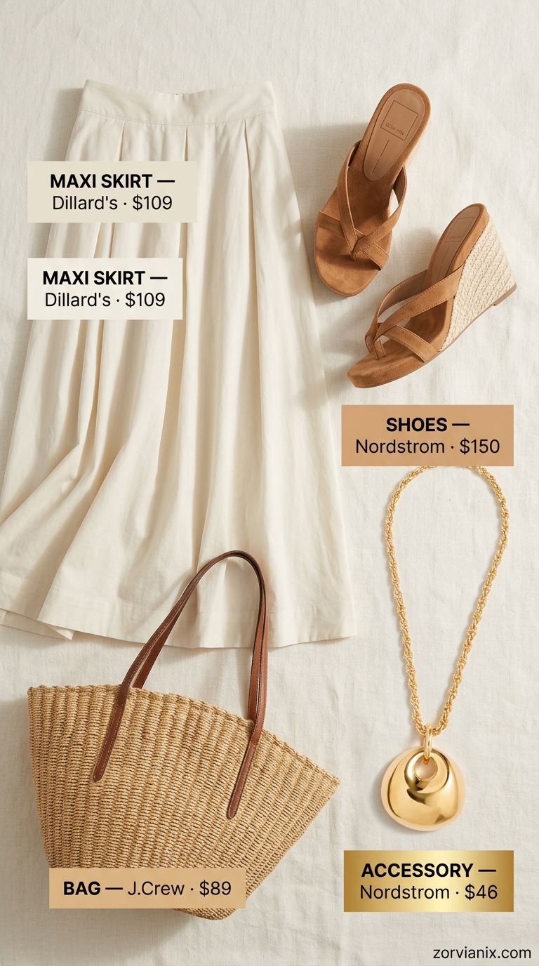 Elegant coastal brunch outfit: ocean blue flowy maxi skirt, striped button-down, and espadrille wedges. Flowy maxi skirt outfits summer 2026.