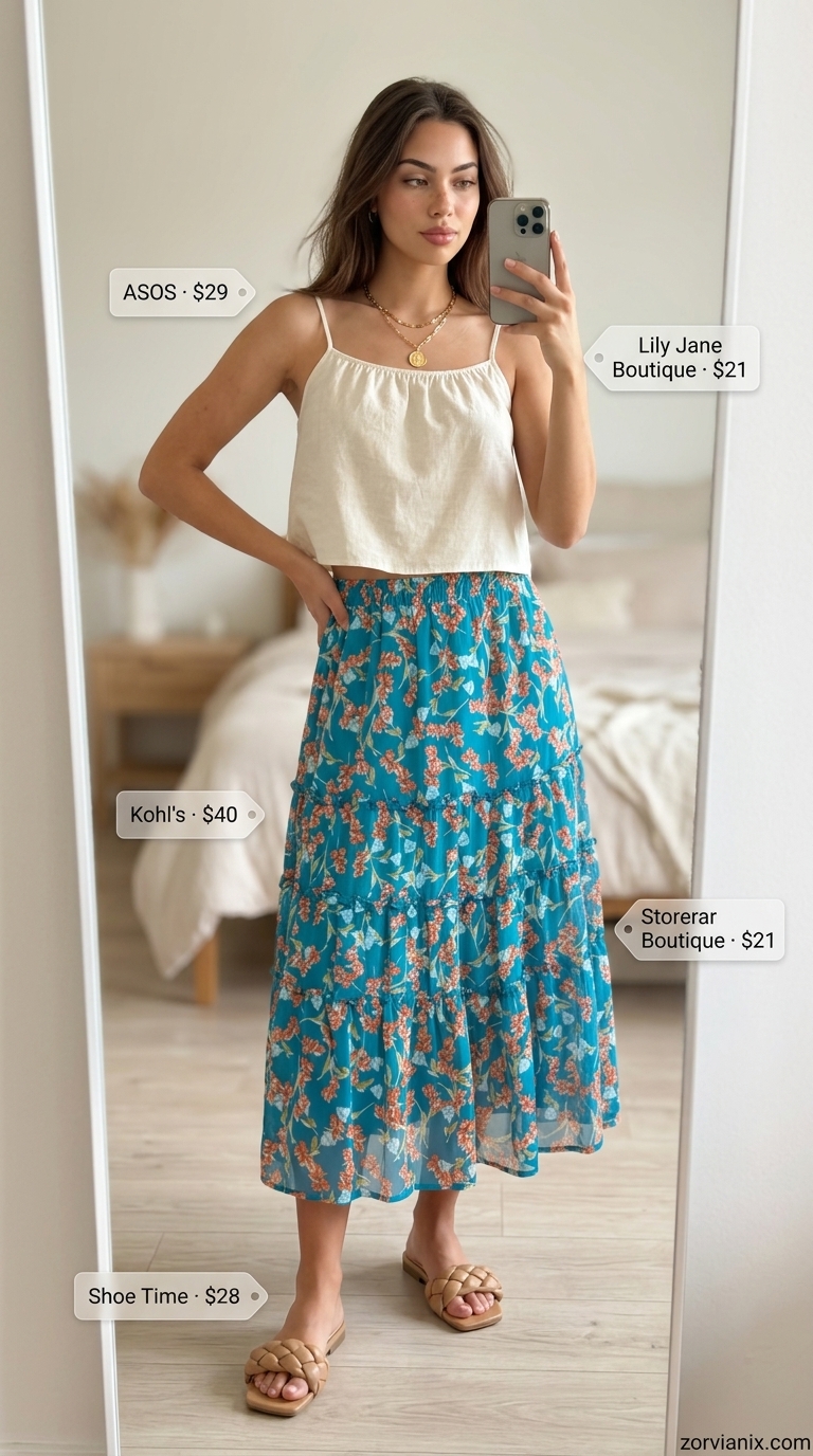 Turquoise floral flowy maxi skirt outfit with cream cami and straw tote for summer 2026 beach.