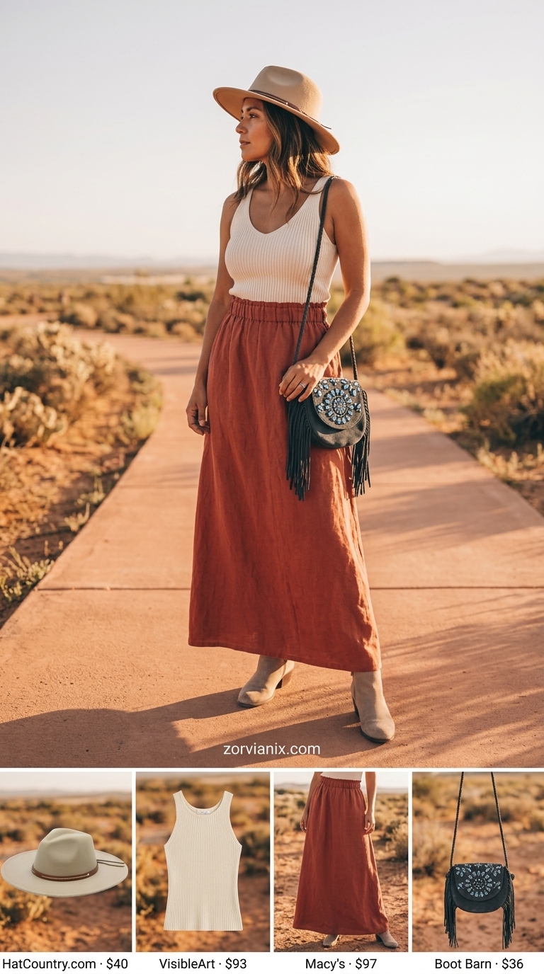 Terracotta flowy maxi skirt outfit with cream tank and suede boots for summer 2026 festival.