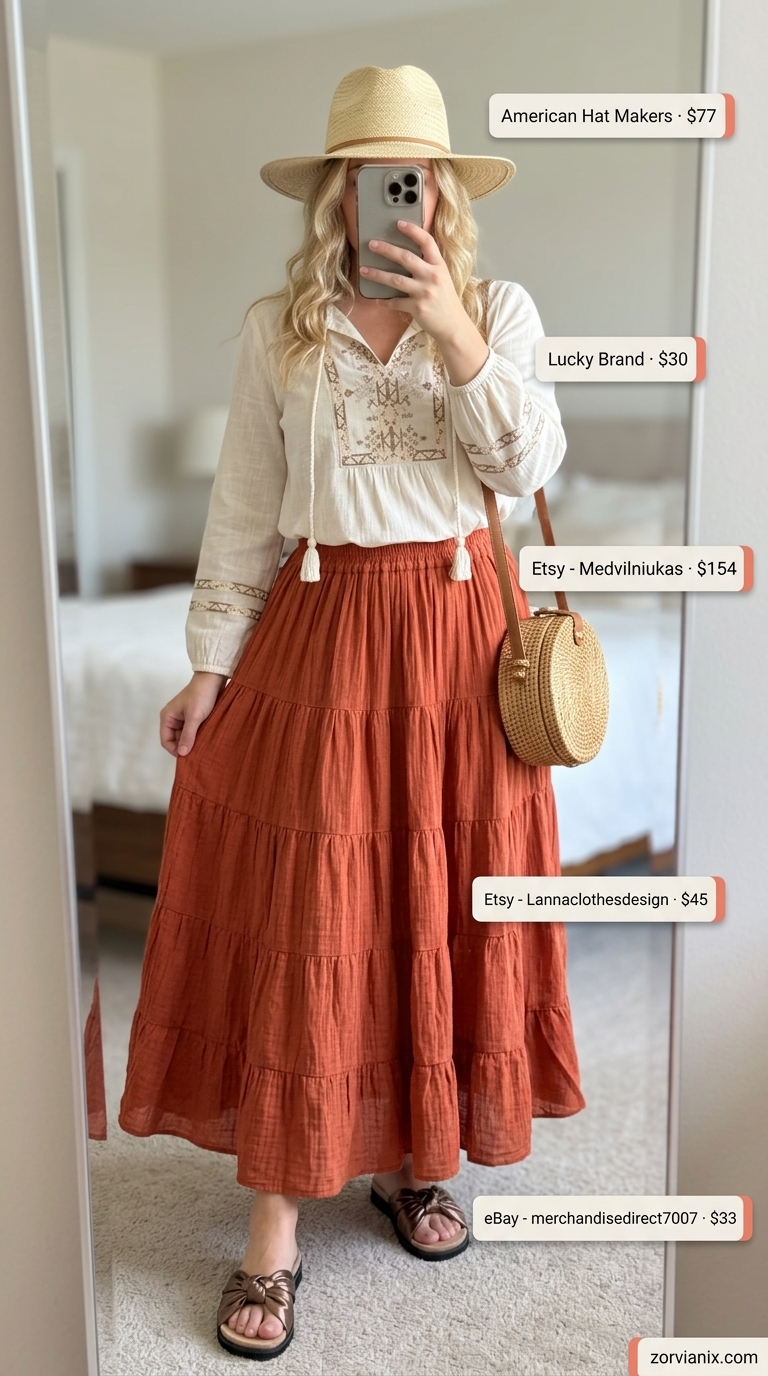 Terracotta flowy maxi skirt outfit with ivory blouse and wicker bag for summer 2026 vacation.