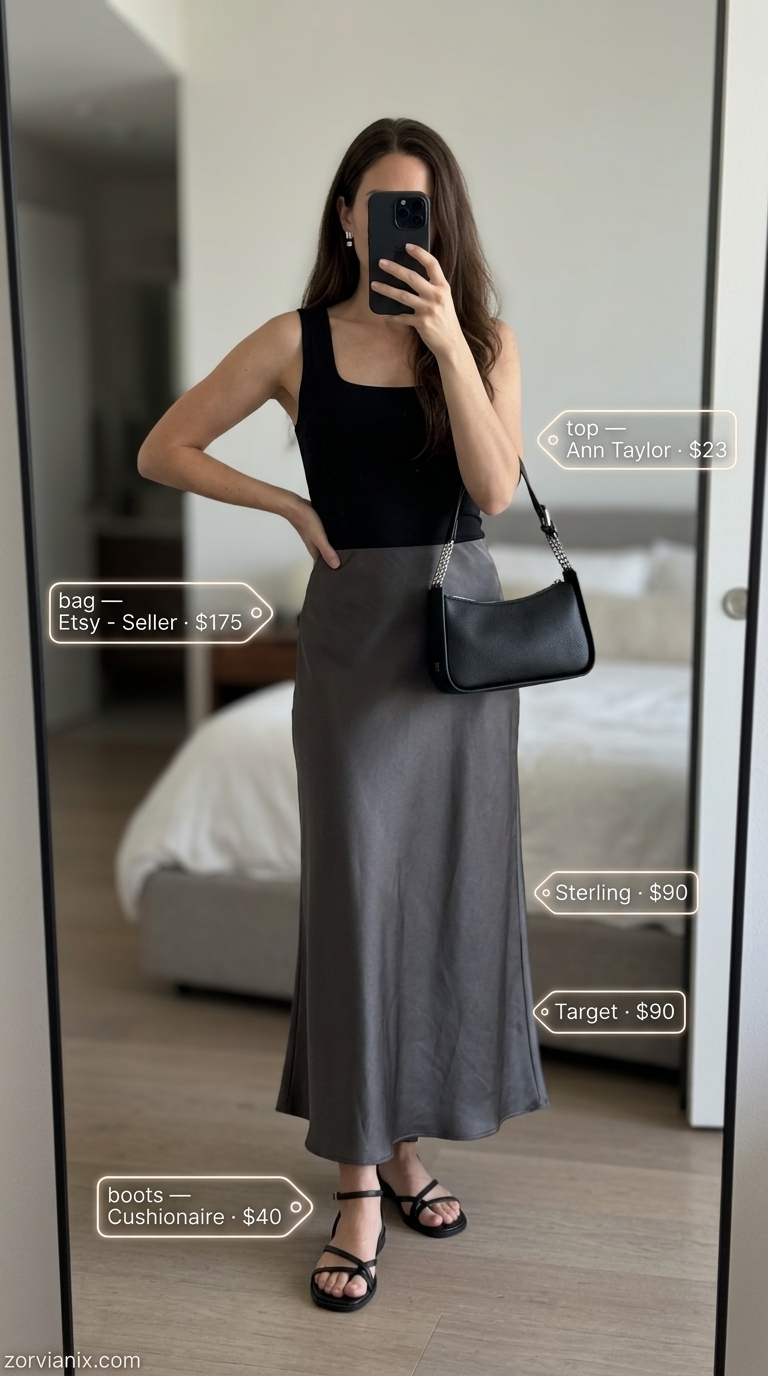 Sleek downtown outfit: charcoal grey flowy maxi skirt, black knit top, and strappy sandals. Flowy maxi skirt outfits summer 2026.