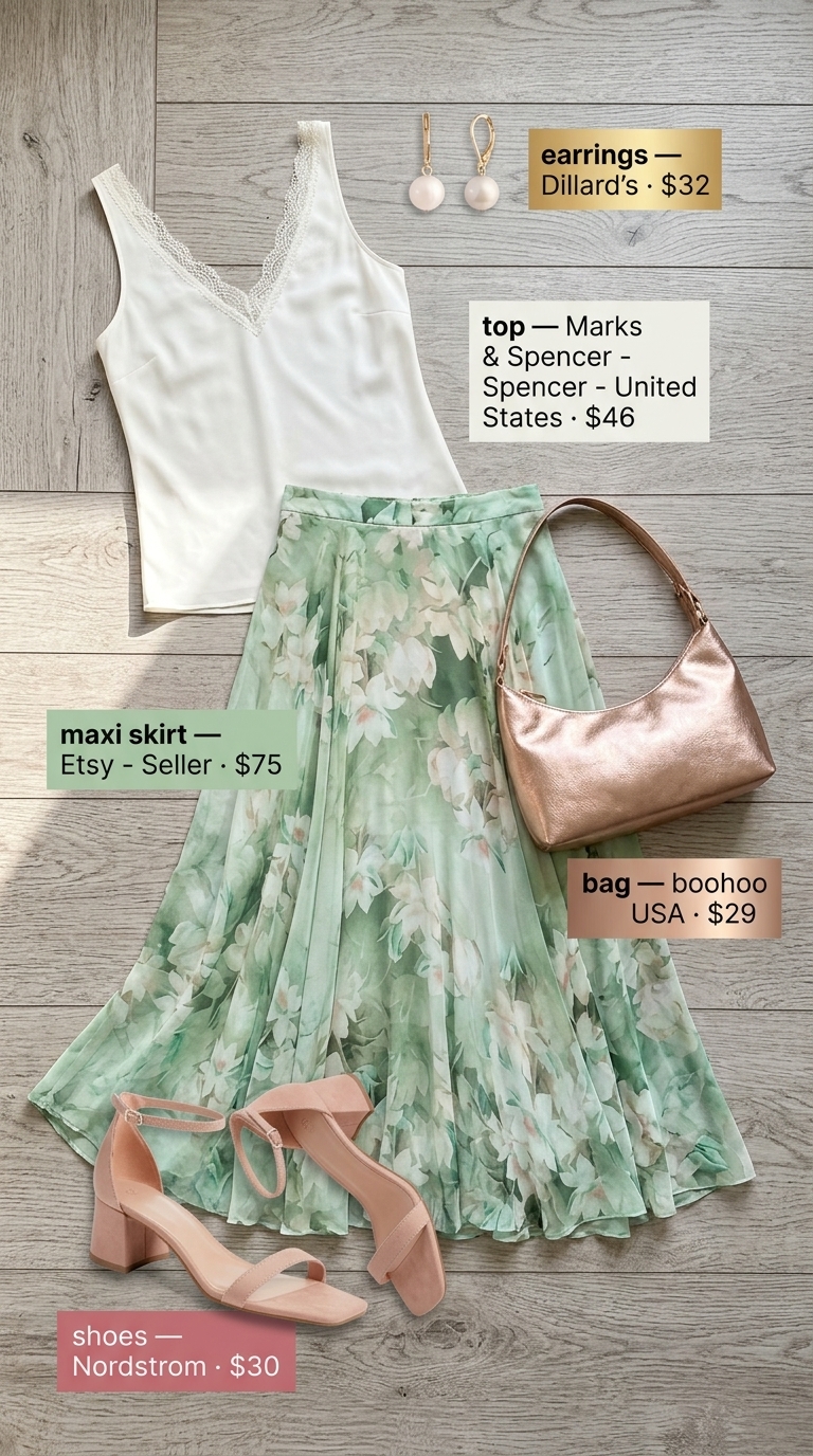 Flowy floral maxi skirt outfit for summer 2026 garden party with lace camisole and block heels.