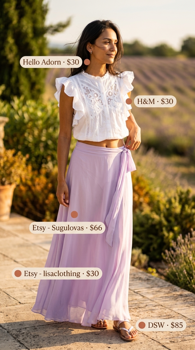 Flowy lavender maxi skirt outfit for summer 2026 picnic with white blouse and silver sandals.