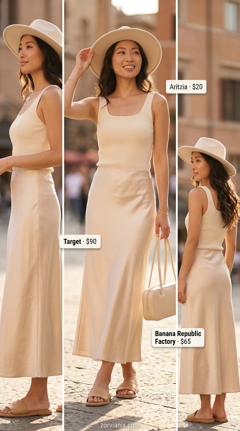 Flowy beige satin maxi skirt outfit for summer 2026 casual elegance with fitted tank and leather slides.