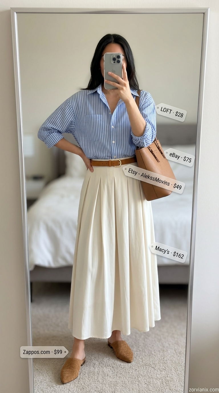 White flowy maxi skirt outfit with navy stripe shirt and tan mules for summer 2026 office.