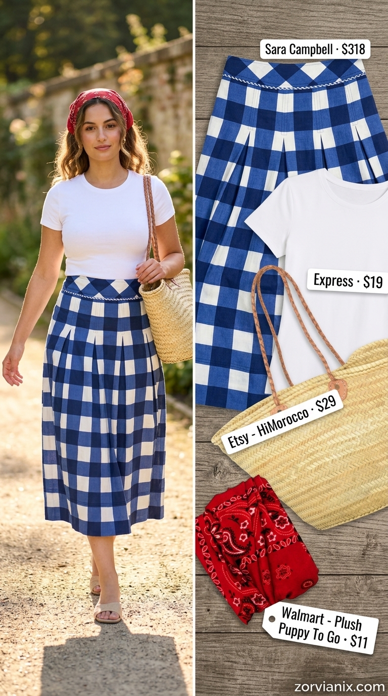 Flowy blue gingham maxi skirt outfit for summer 2026 picnic with white tee and red bandana.
