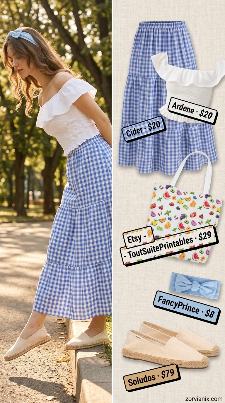 Sweet picnic outfit: sky blue gingham flowy maxi skirt, white smocked top, and espadrille flats. Flowy maxi skirt outfits summer 2026.