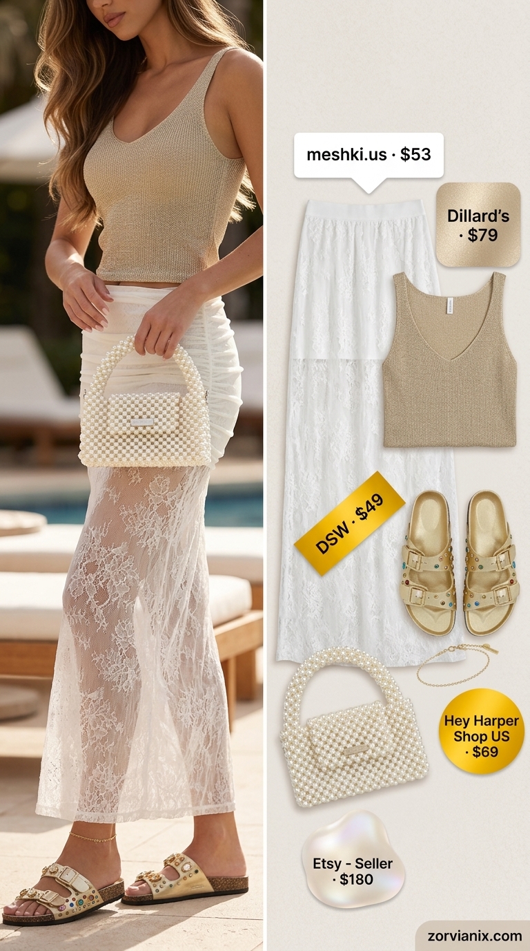 Glamorous resort outfit with a sheer white flowy maxi skirt, sparkly camisole, and gold sandals. Flowy maxi skirt outfits summer 2026.