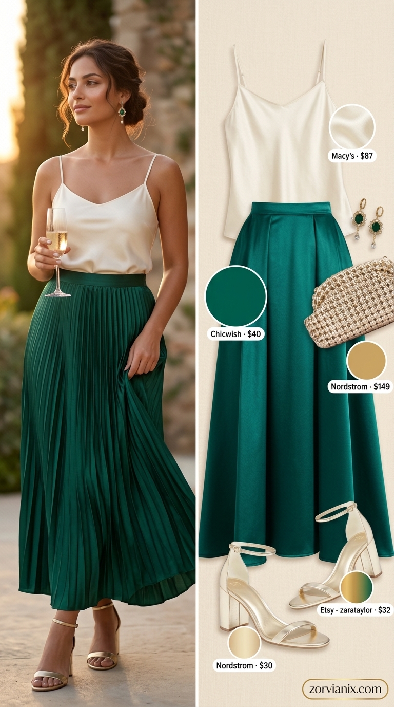 Flowy emerald green maxi skirt outfit for summer 2026 resort dinner with silk camisole and gold heels.