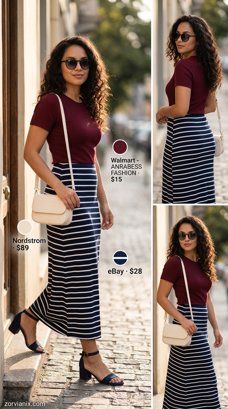 Flowy navy striped maxi skirt outfit for summer 2026 retro look with fitted knit top and block heels.