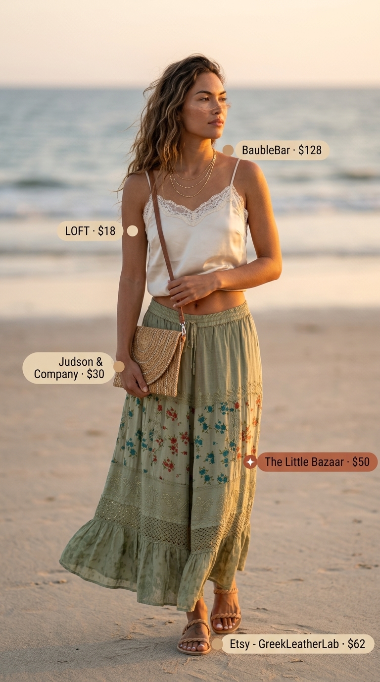 Flowy sage green maxi skirt outfit for summer 2026 beach dinner with lace camisole and straw clutch.