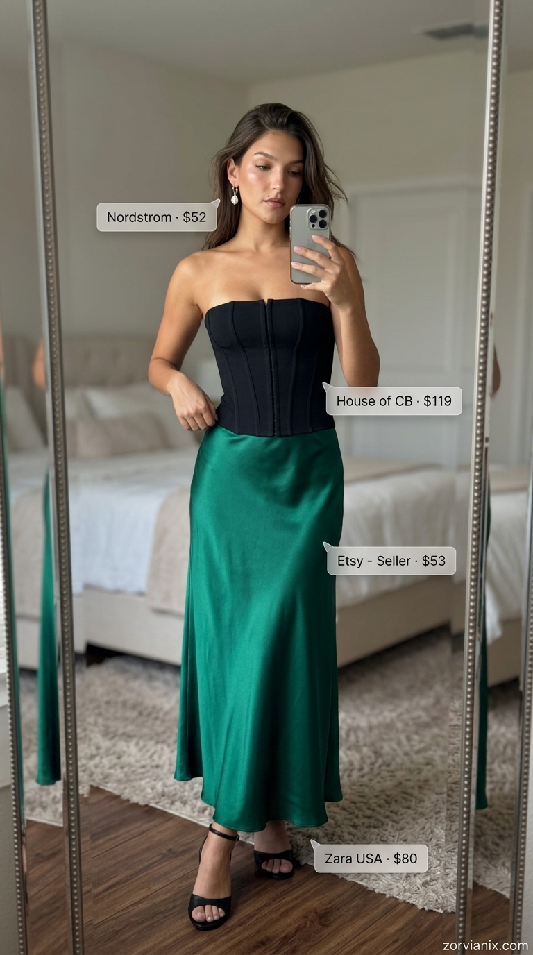 Emerald green flowy maxi skirt outfit with black bustier and gold earrings for summer 2026 date night.