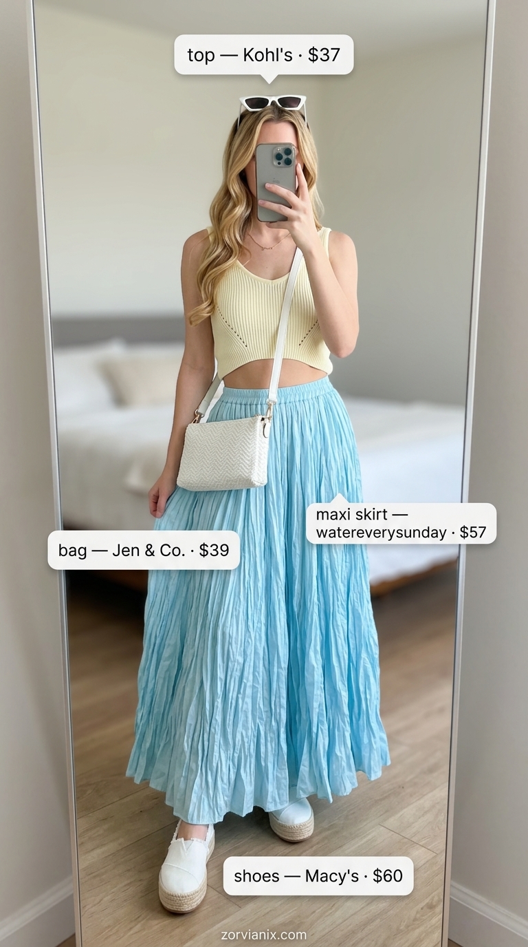 Sky blue flowy maxi skirt outfit with yellow crop top and espadrilles for summer 2026 brunch.