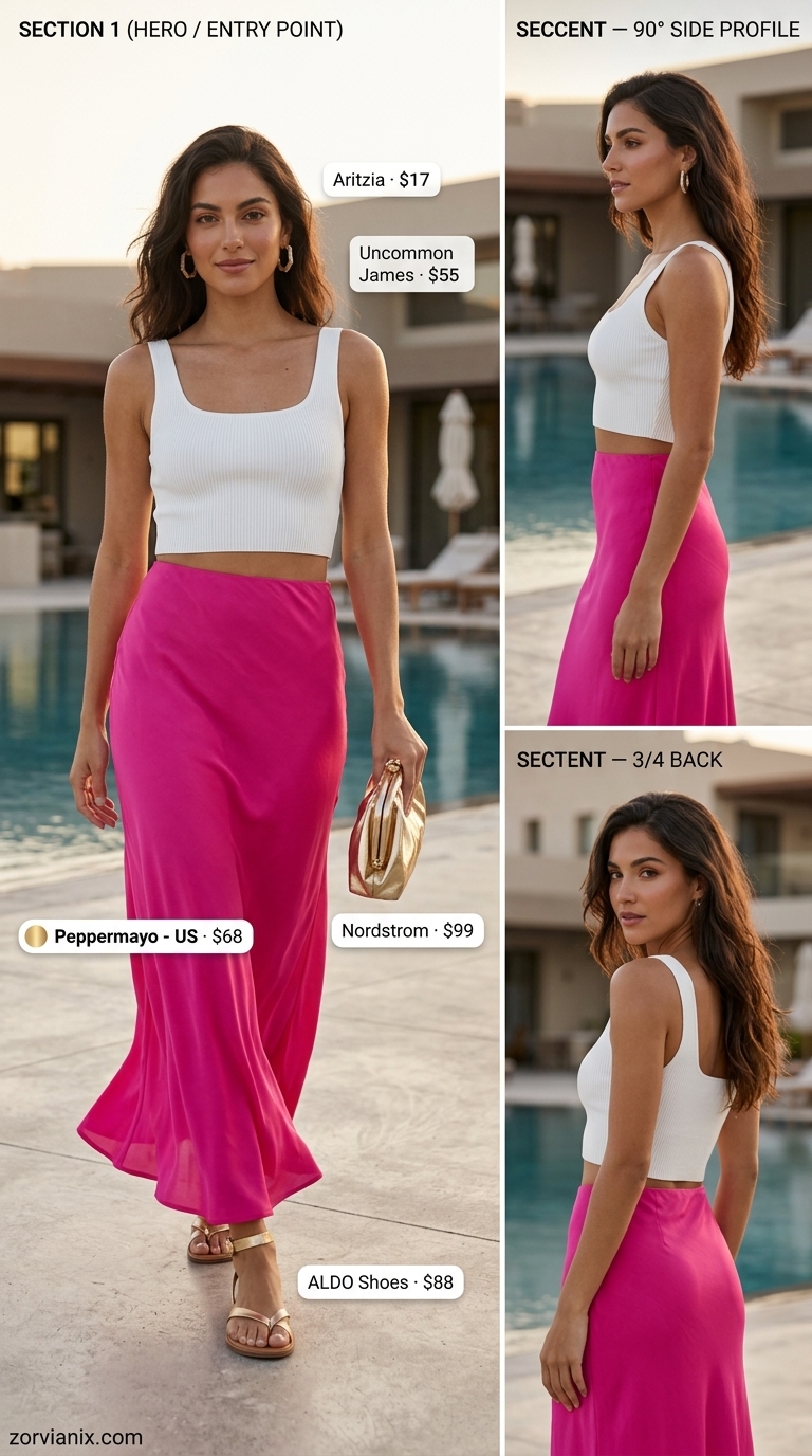 Vibrant tropical escape outfit: hot pink flowy maxi skirt, white crop top, and metallic gold sandals. Flowy maxi skirt outfits summer 2026.