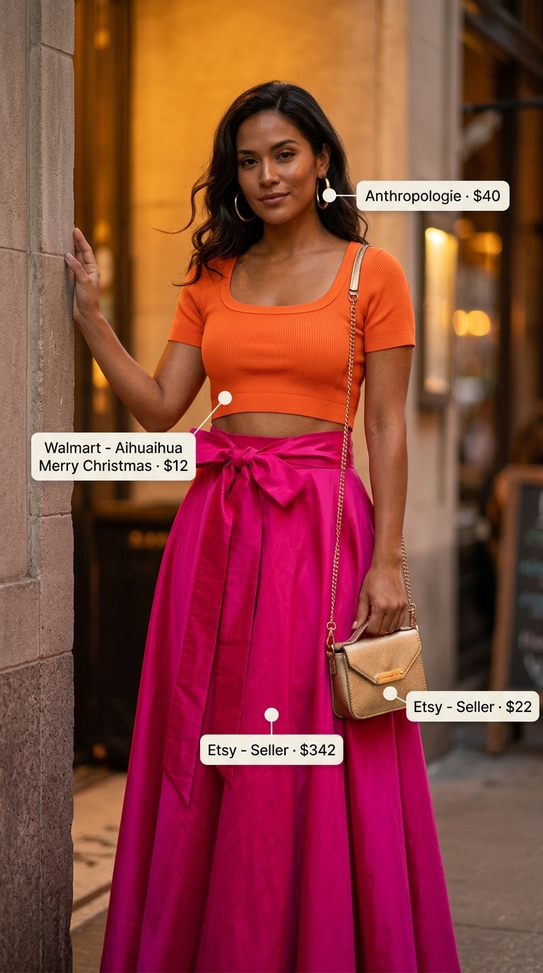 Flowy fuchsia maxi skirt outfit with orange crop top and gold heels for summer 2026 resort evening.