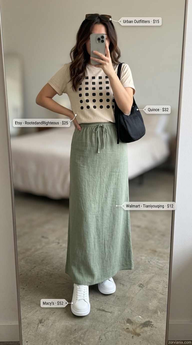 Khaki green flowy maxi skirt outfit with graphic tee and sneakers for summer 2026 city exploring.