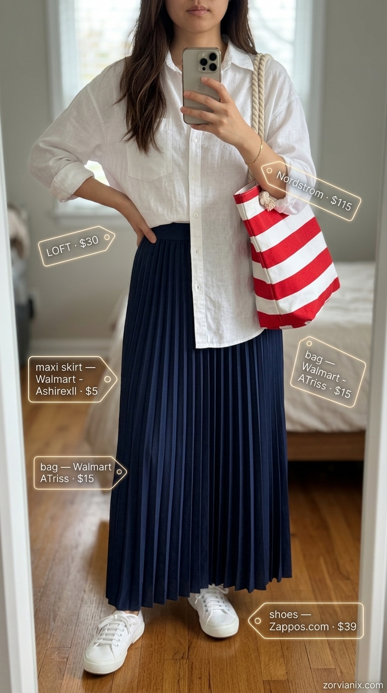 Preppy yacht club outfit: navy flowy maxi skirt, oversized white linen shirt, and red tote. Flowy maxi skirt outfits summer 2026.