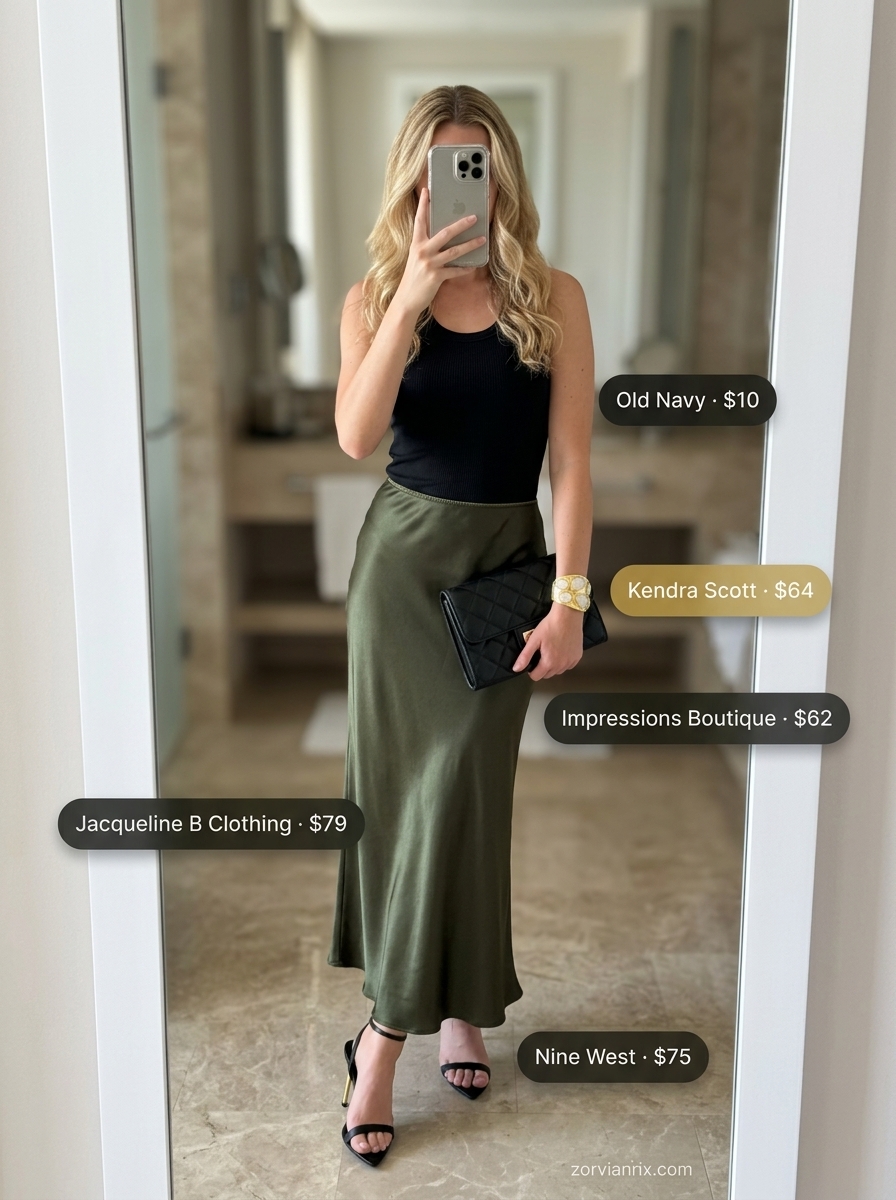 Greek island summer outfits for women 2026: Emerald green satin skirt, black tank, gold cuff for evening.