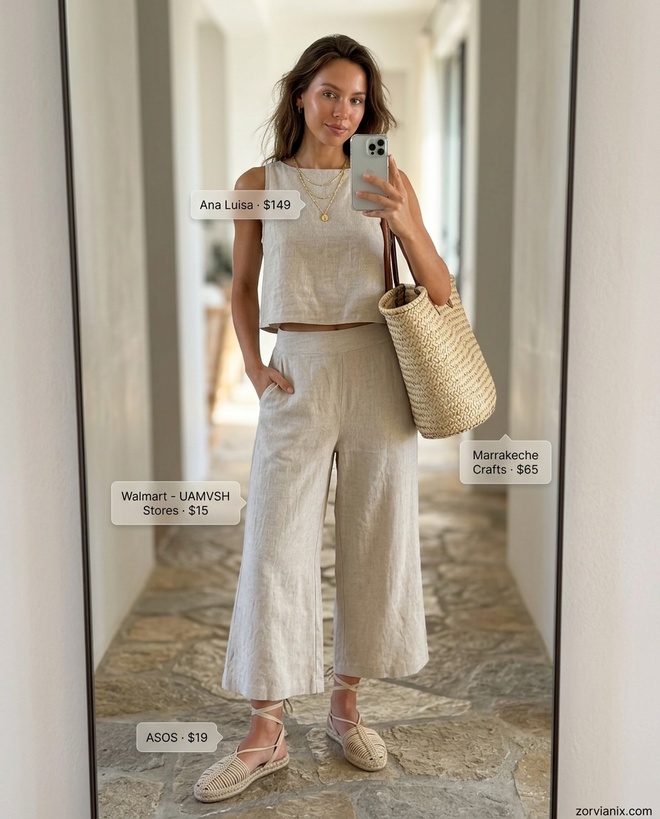 Greek island summer outfits for women 2026: Beige linen set with gold necklaces and straw tote for daytime exploration.