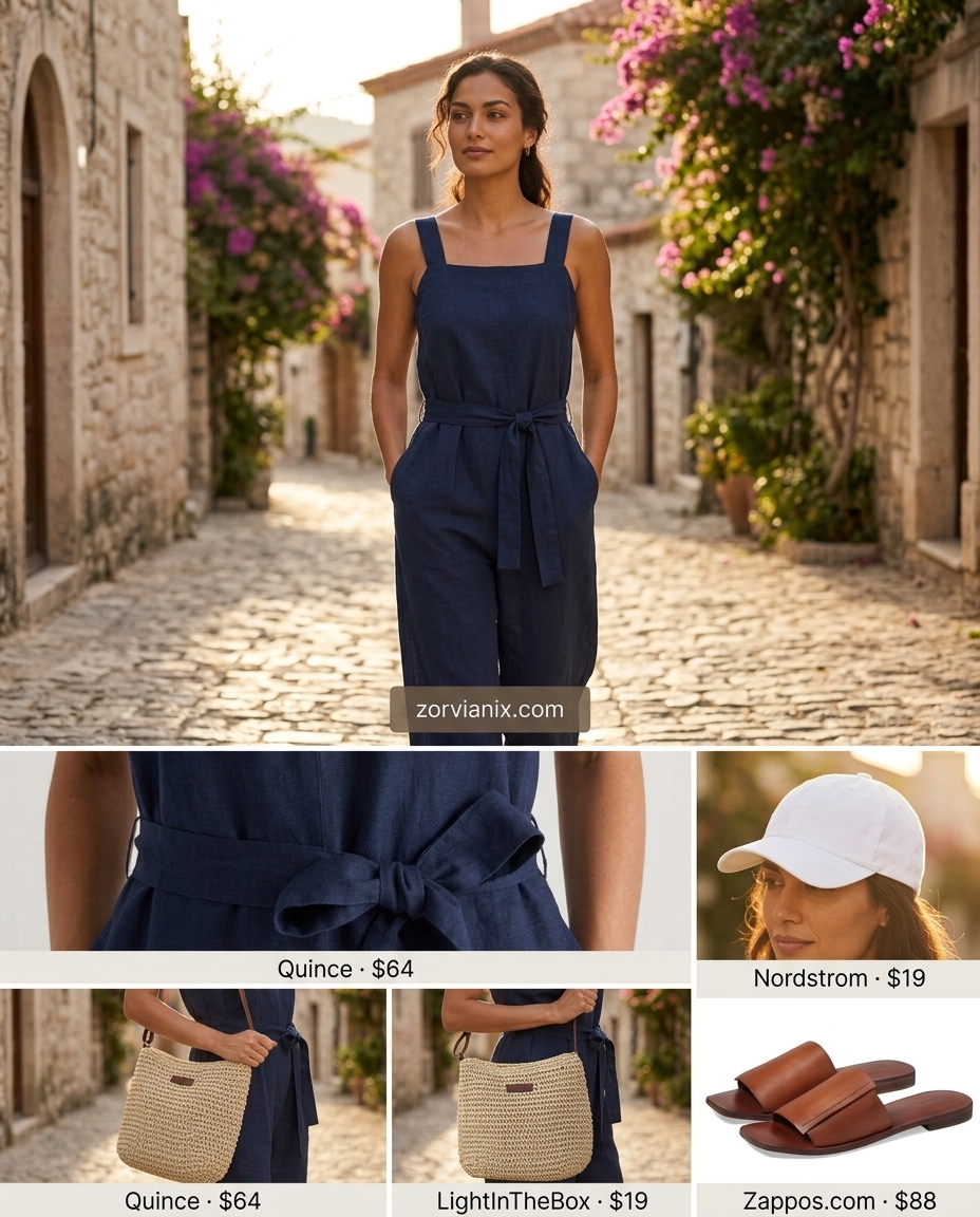 Greek island summer outfits for women 2026: Navy linen jumpsuit with white cap and straw crossbody for travel.