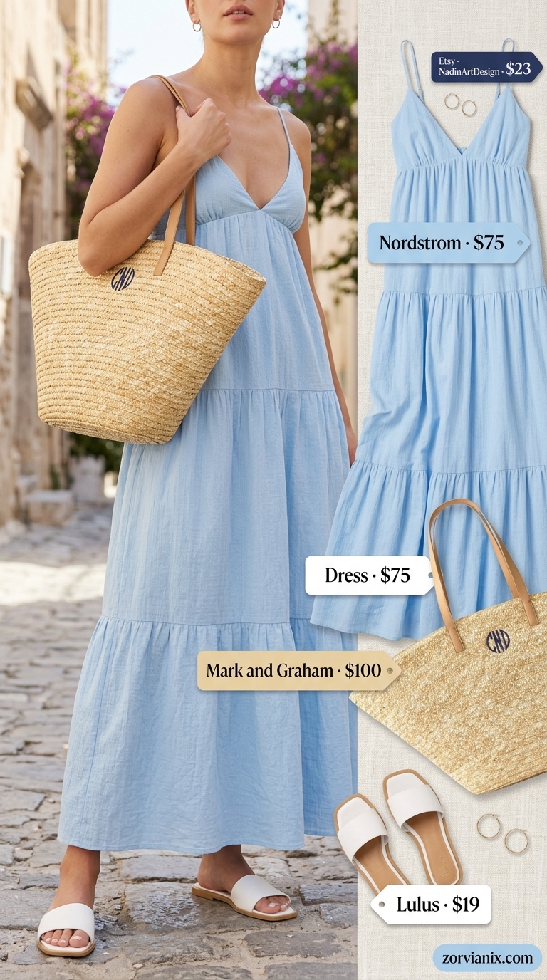 Greek island summer outfits for women 2026: Sky blue maxi dress with straw tote and gold earrings for exploration.