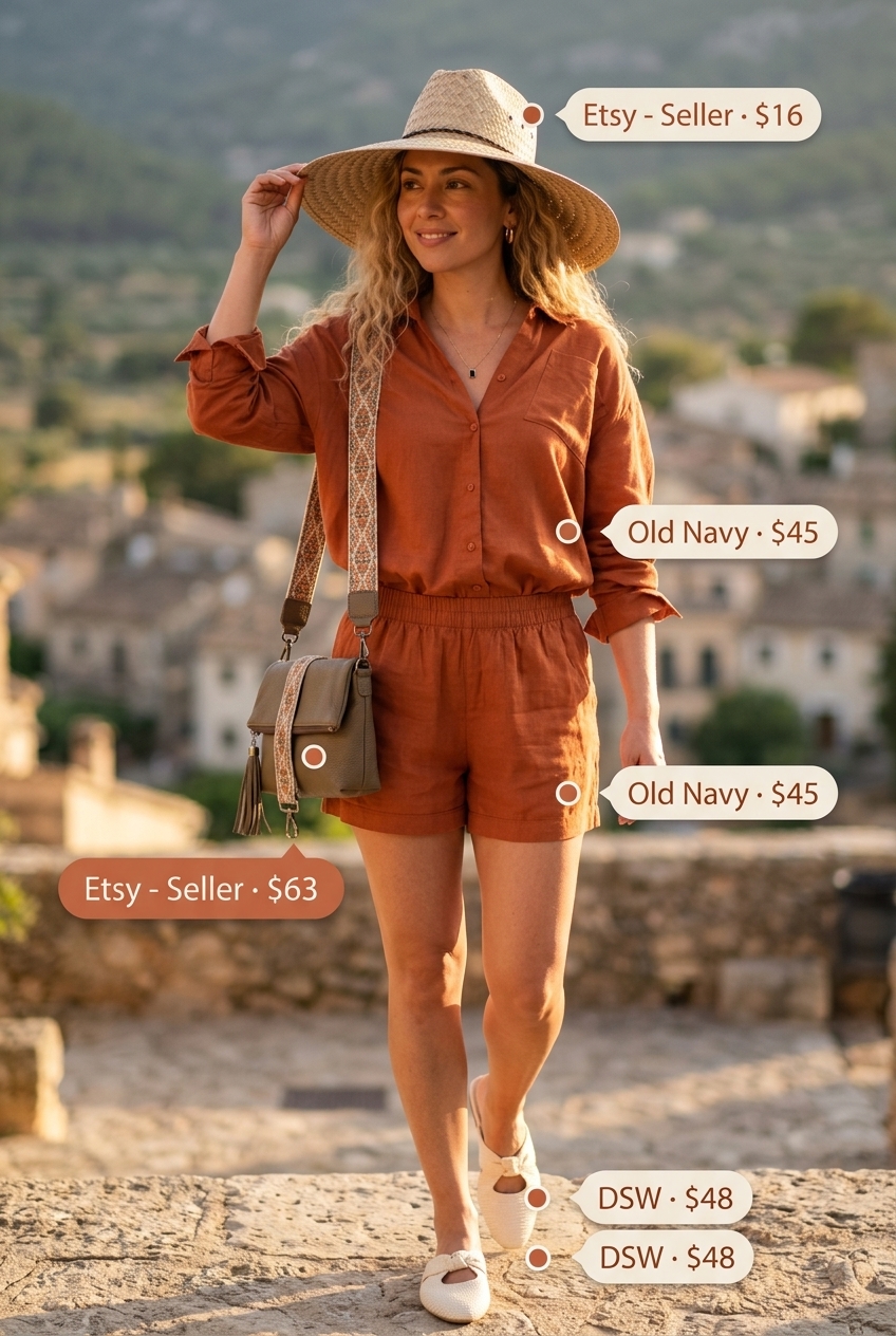 Greek island summer outfits for women 2026: Terracotta linen set with straw hat and leather pouch for exploration.