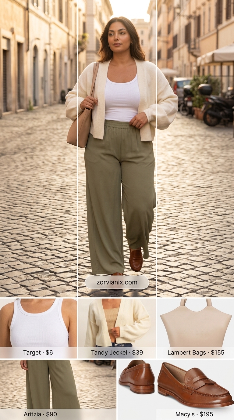 Greek island summer outfits for women 2026: Olive green palazzo pants, white tank, knit cardigan for travel.
