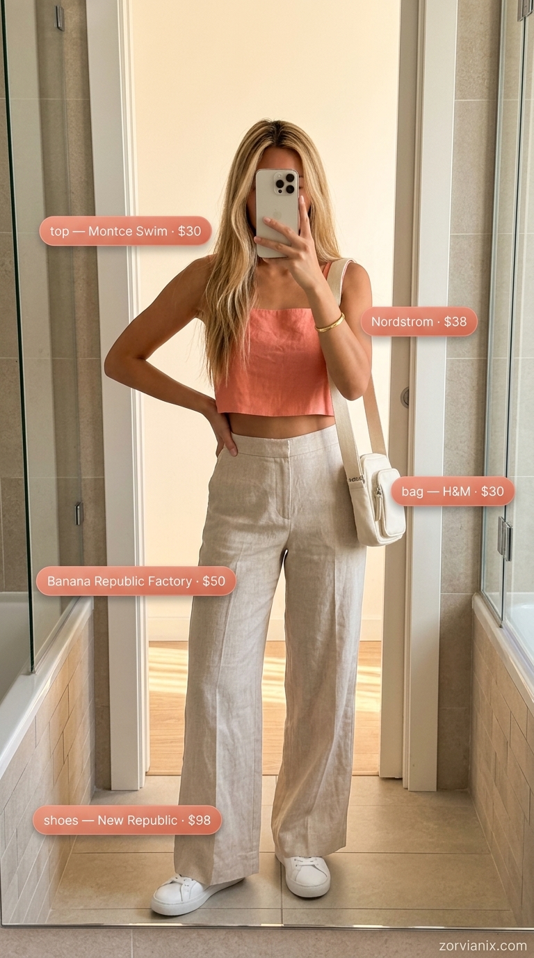 Greek island summer outfits for women 2026: Beige linen pants, coral crop top, white sneakers for village exploring.