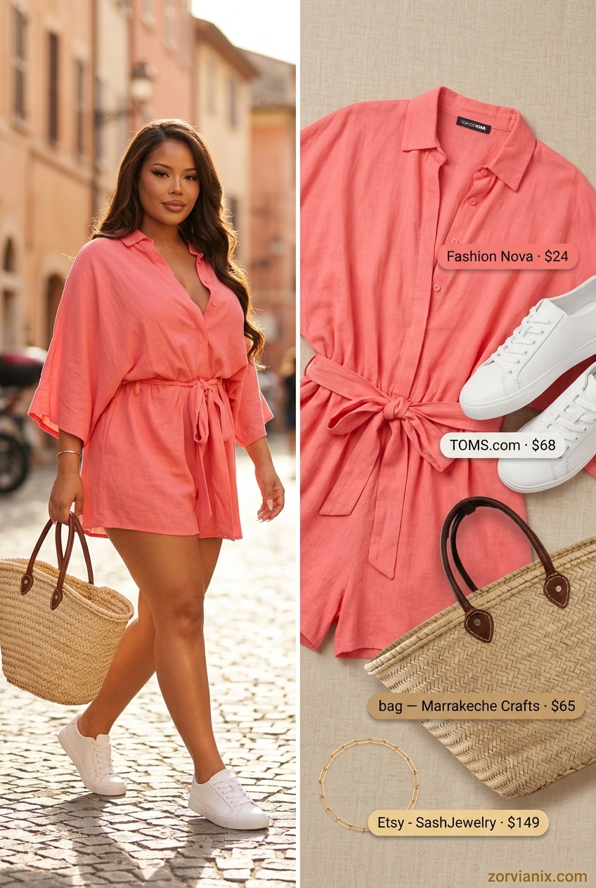 Greek island summer outfits for women 2026: Coral pink linen romper with white sneakers and straw bag for a beach day.