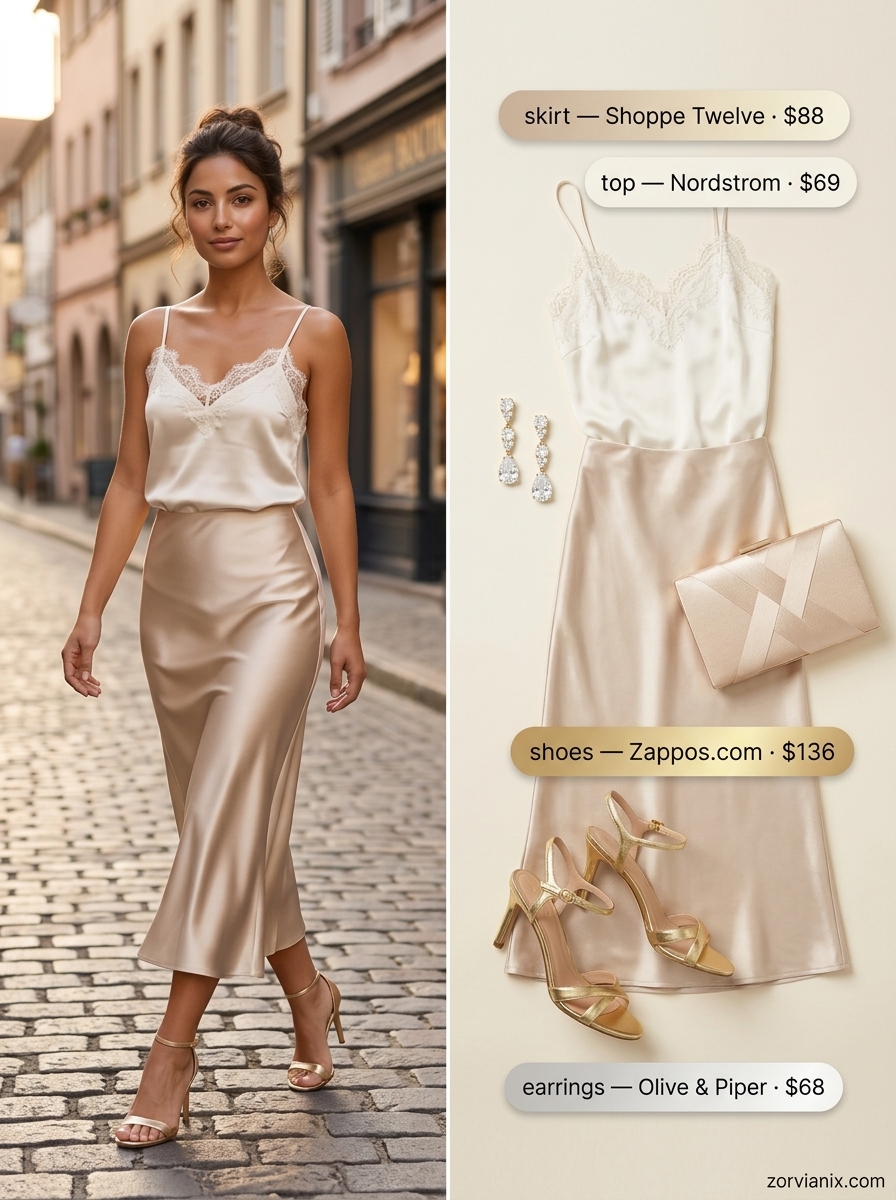 Greek island summer outfits for women 2026: Champagne slip skirt, lace camisole, gold heels & statement earrings for evening elegance.