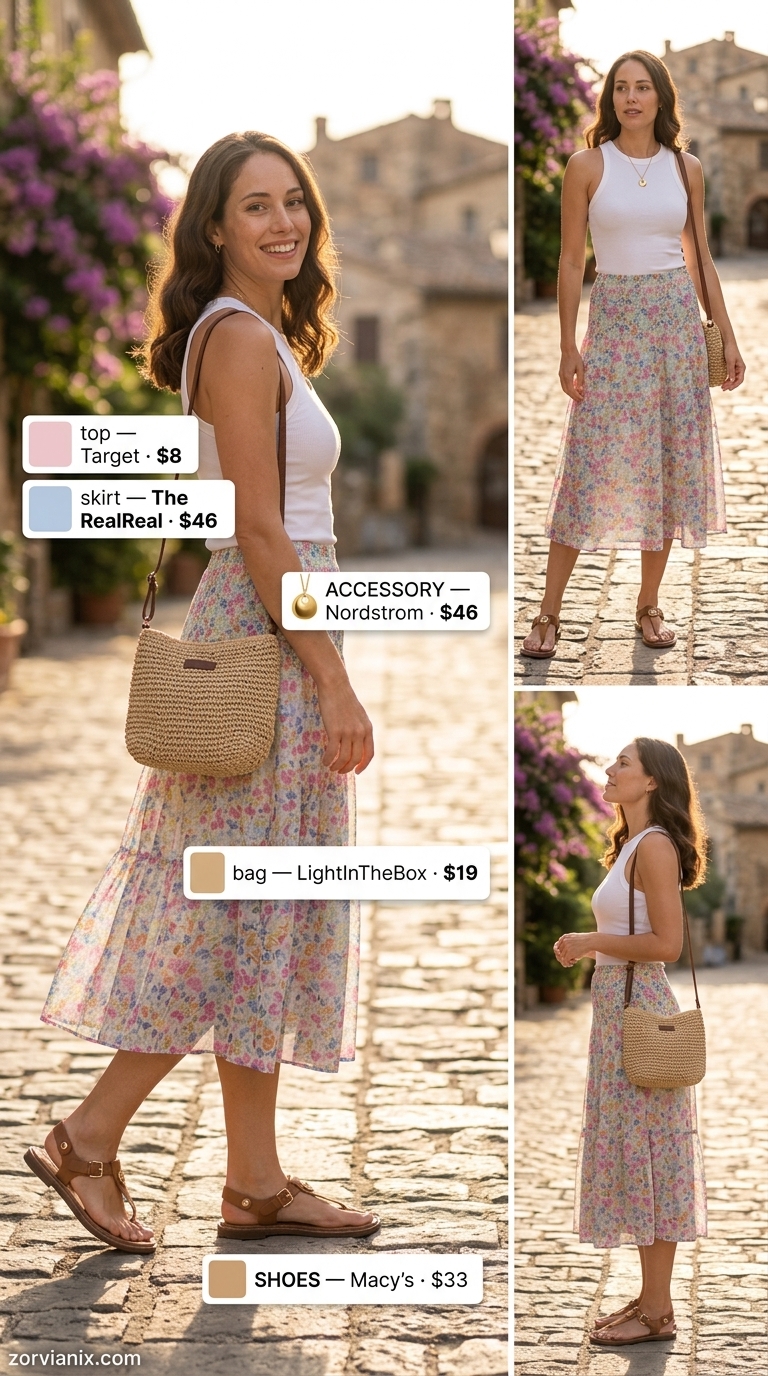 Greek island summer outfits for women 2026: Pastel floral midi skirt with white tank top, flat sandals and straw bag.