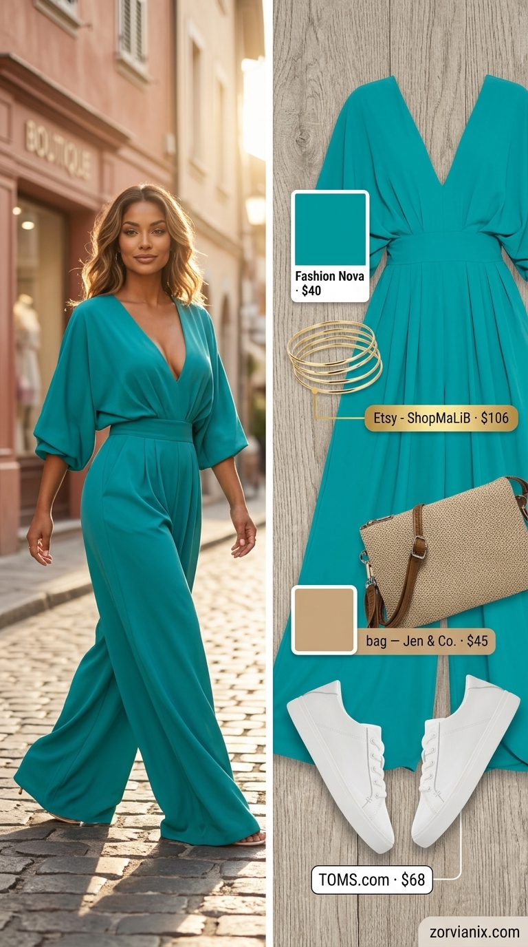 Greek island summer outfits for women 2026: Teal wide-leg jumpsuit, white sneakers, woven crossbody & gold bangles for island hopping.
