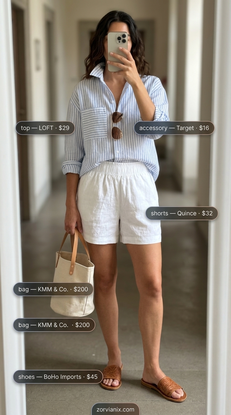 Greek island summer outfits for women 2026: Linen shorts, blue stripe linen shirt, tan slides & canvas tote for coastal vibes.