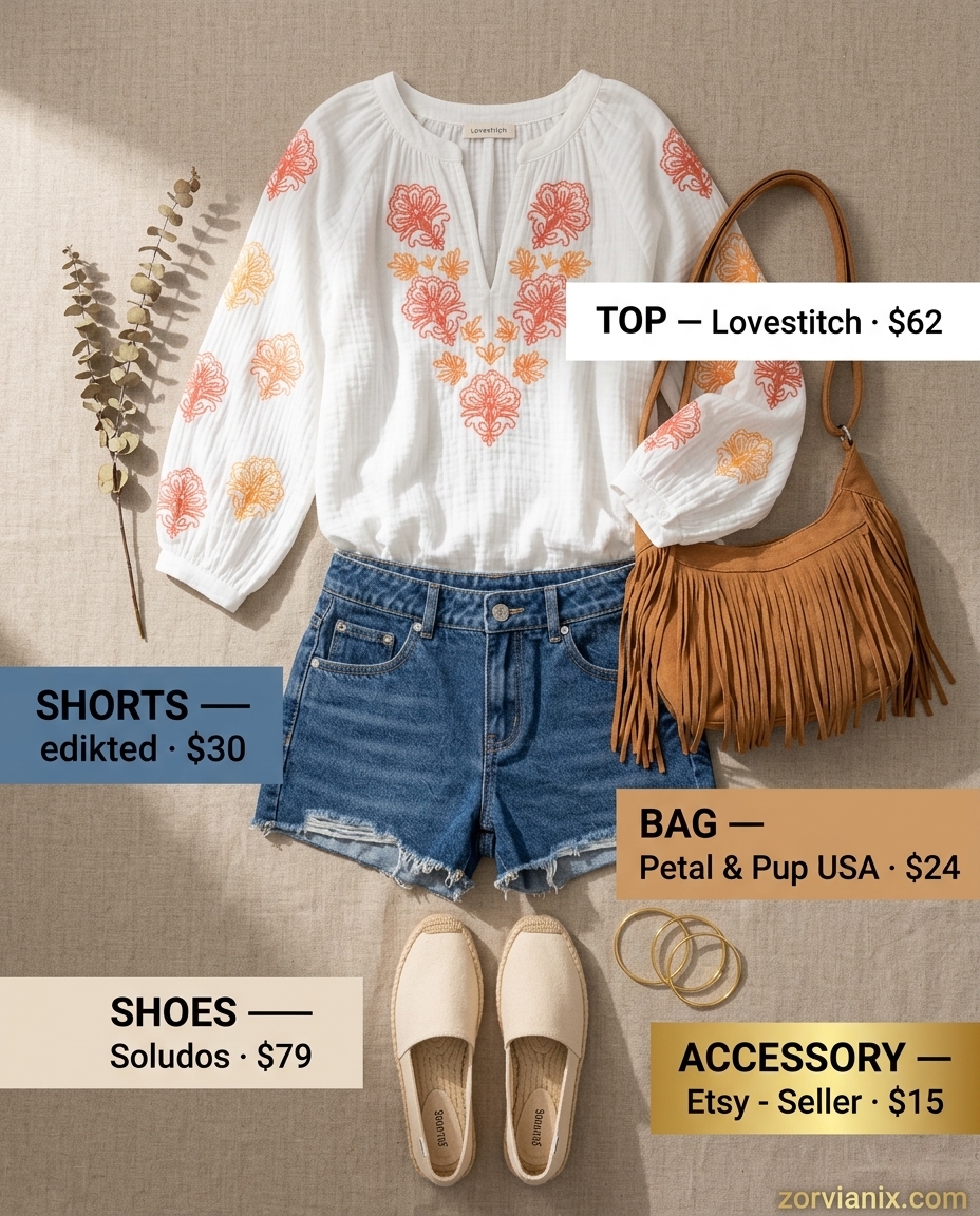 Greek island summer outfits for women 2026: Denim shorts, embroidered blouse, espadrille flats & fringe crossbody for market exploring.