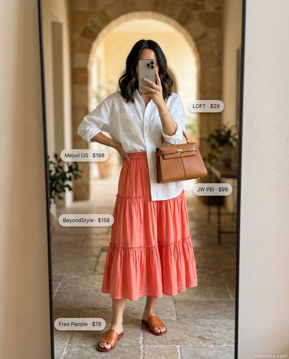 Greek island summer outfits for women 2026: Coral midi skirt, white linen shirt, tan leather slides & structured bag for chic daytime.