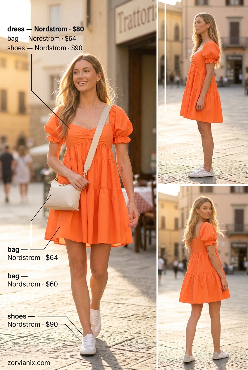 Greek island summer outfits for women 2026: Bright orange mini dress, white sneakers, crossbody bag & gold hoops for daytime chic.