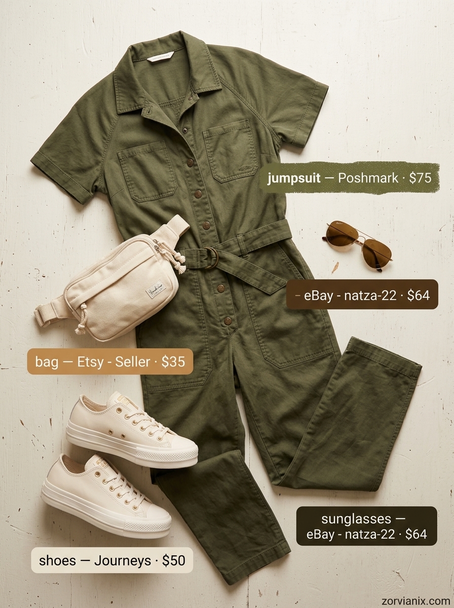 Greek island summer outfits for women 2026: Olive green utility jumpsuit with cream sneakers and tan belt bag for travel.