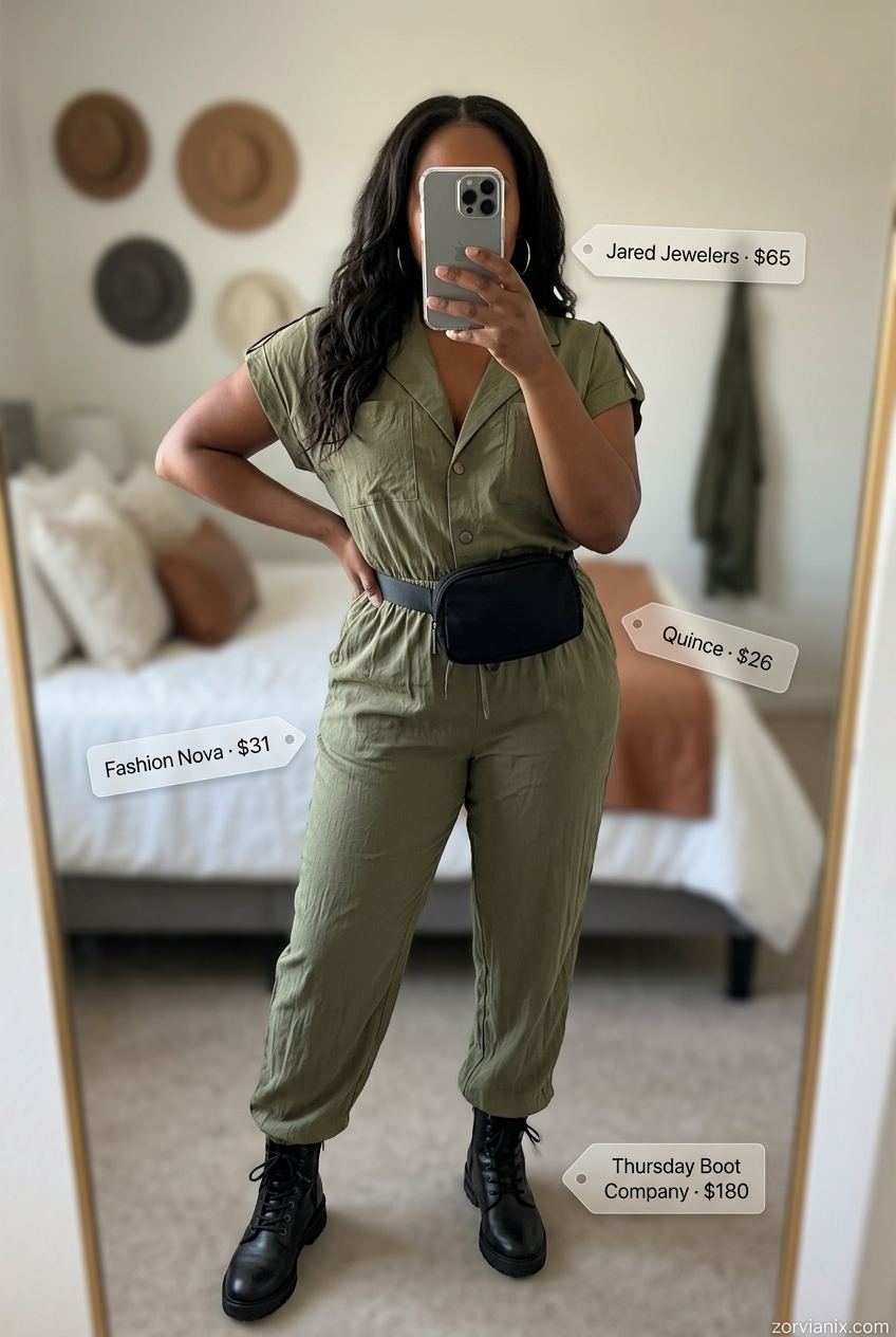 Greek island summer outfits for women 2026: Olive green utility jumpsuit with black combat boots and belt bag for travel.