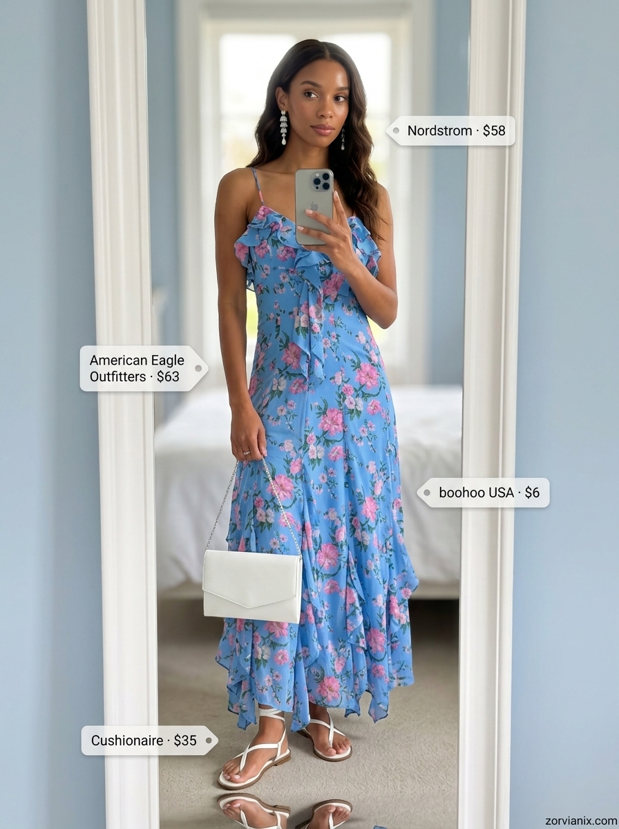 Greek island summer outfits for women 2026: Sky blue chiffon maxi dress with white sandals and silver statement earrings.