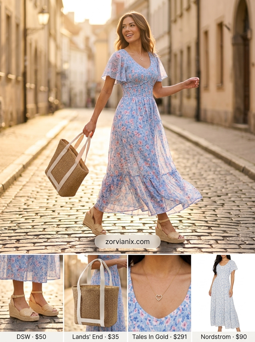 Greek island summer outfits for women 2026: Pastel blue floral midi sundress, straw tote, espadrille wedges for daytime sightseeing.