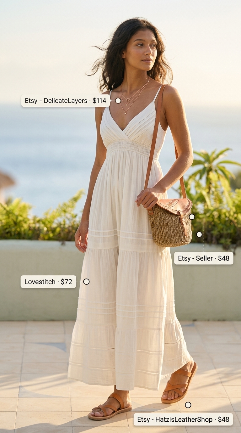 Greek island summer outfits for women 2026: White cotton maxi dress with straw bag and tan leather sandals for evening.