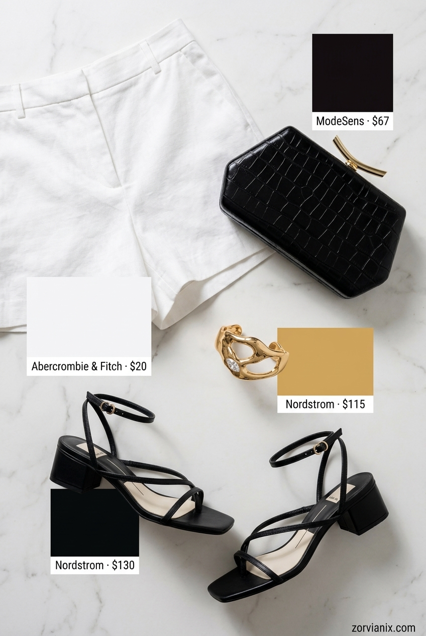 Greek island summer outfits for women 2026: White linen matching set with black heels and clutch for evening.