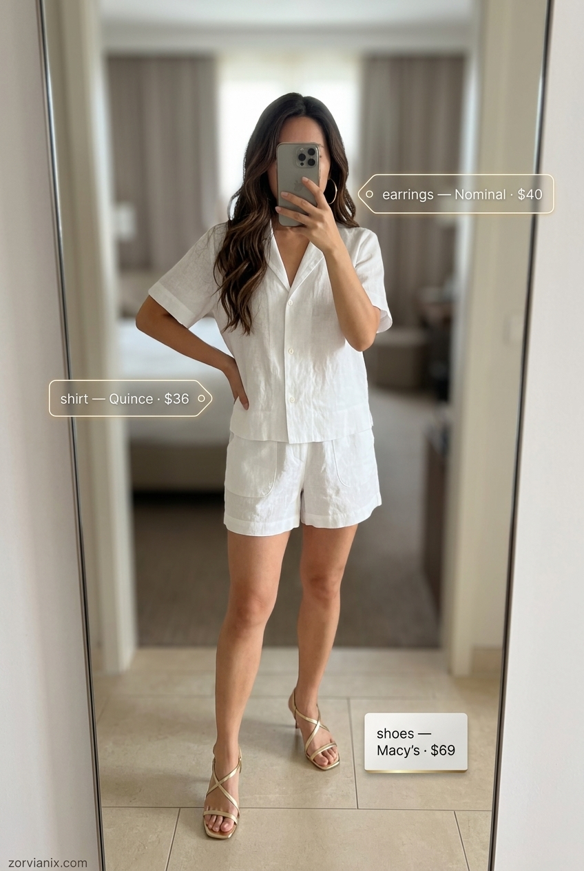 Greek island summer outfits for women 2026: White linen co-ord set with strappy heels and light blue top-handle bag.