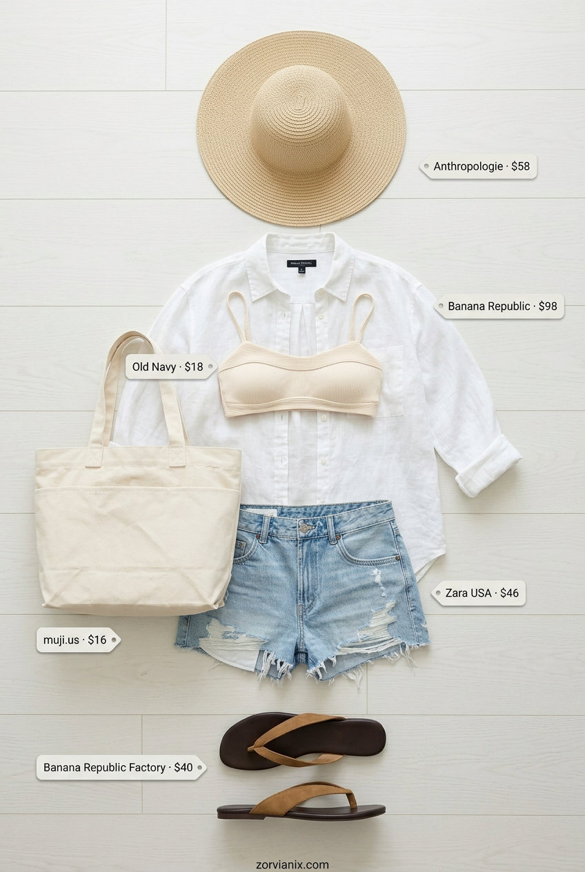 Miami summer outfits for women 2026: White linen shirt, distressed denim shorts, straw hat for a beach day.