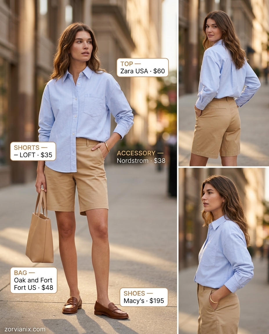 Miami summer outfits for women 2026: Light blue oversized shirt, khaki Bermuda shorts, loafers for a cafe visit.