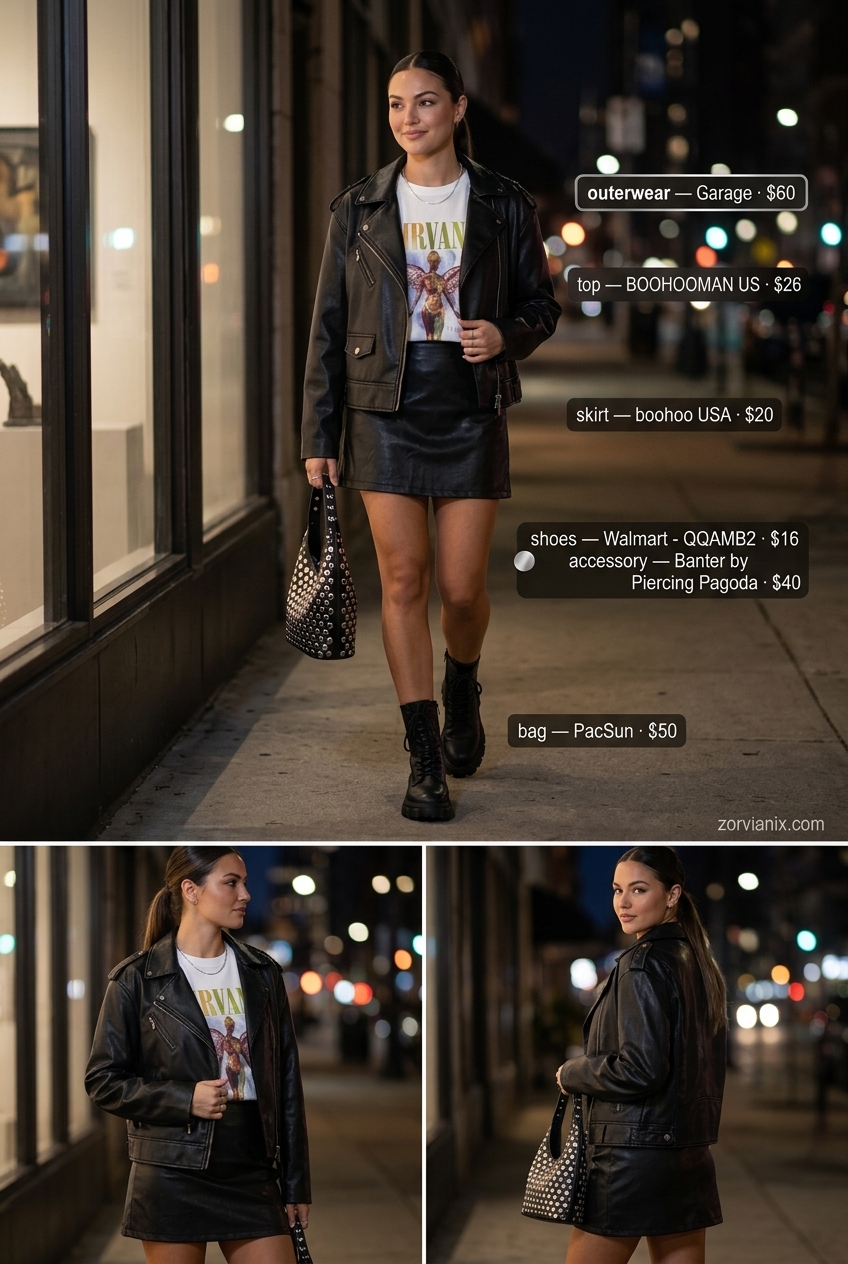 Miami summer outfits for women 2026: Edgy black faux leather skirt, band tee, combat boots, and biker jacket for a night out.