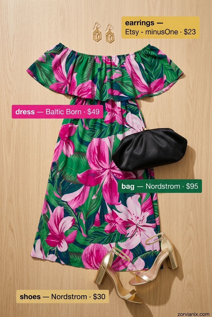 Miami summer outfits for women 2026: Emerald green floral maxi dress with gold statement earrings for evening.