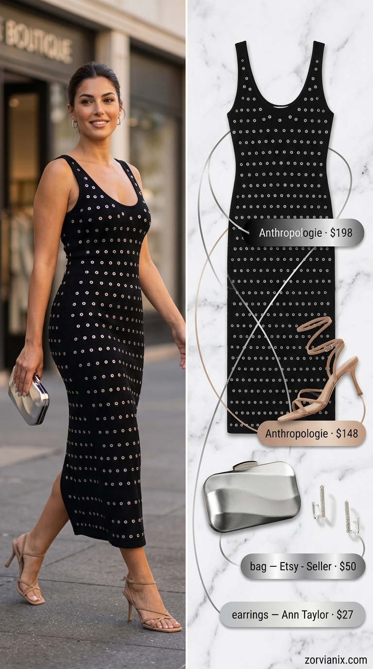 Miami summer outfits for women 2026: Black metallic midi dress with silver drop earrings and strappy heels for a cocktail party.