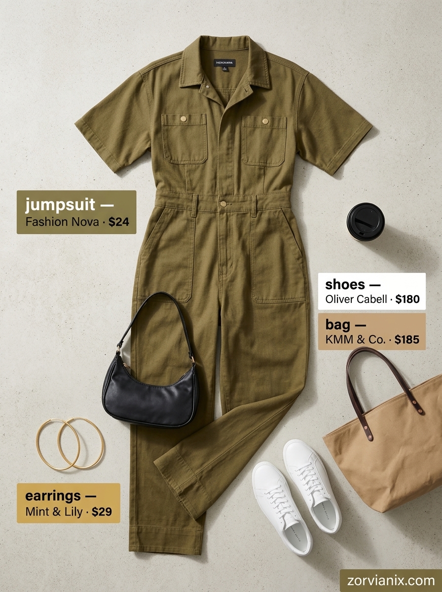 Miami summer outfits for women 2026: Olive green utility jumpsuit with white sneakers and gold hoops for a cool day out.